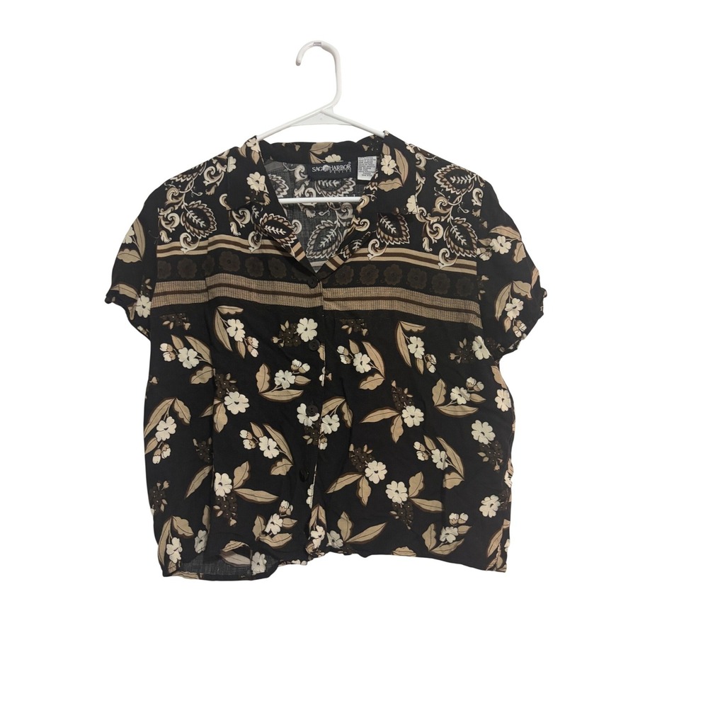Sag Harbor Petite Button Front‎ Blouse Floral Paisley Black Brown Rayon Large P